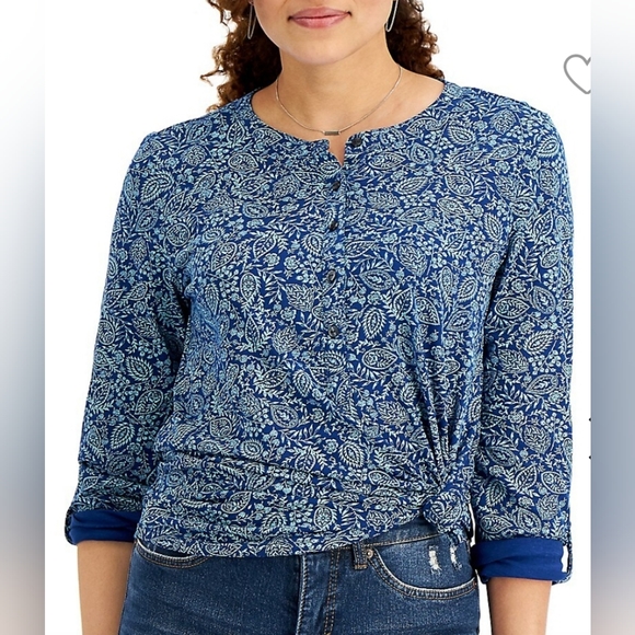 Style & Co 100% Cotton Printed Henley Top - Picture 3 of 11
